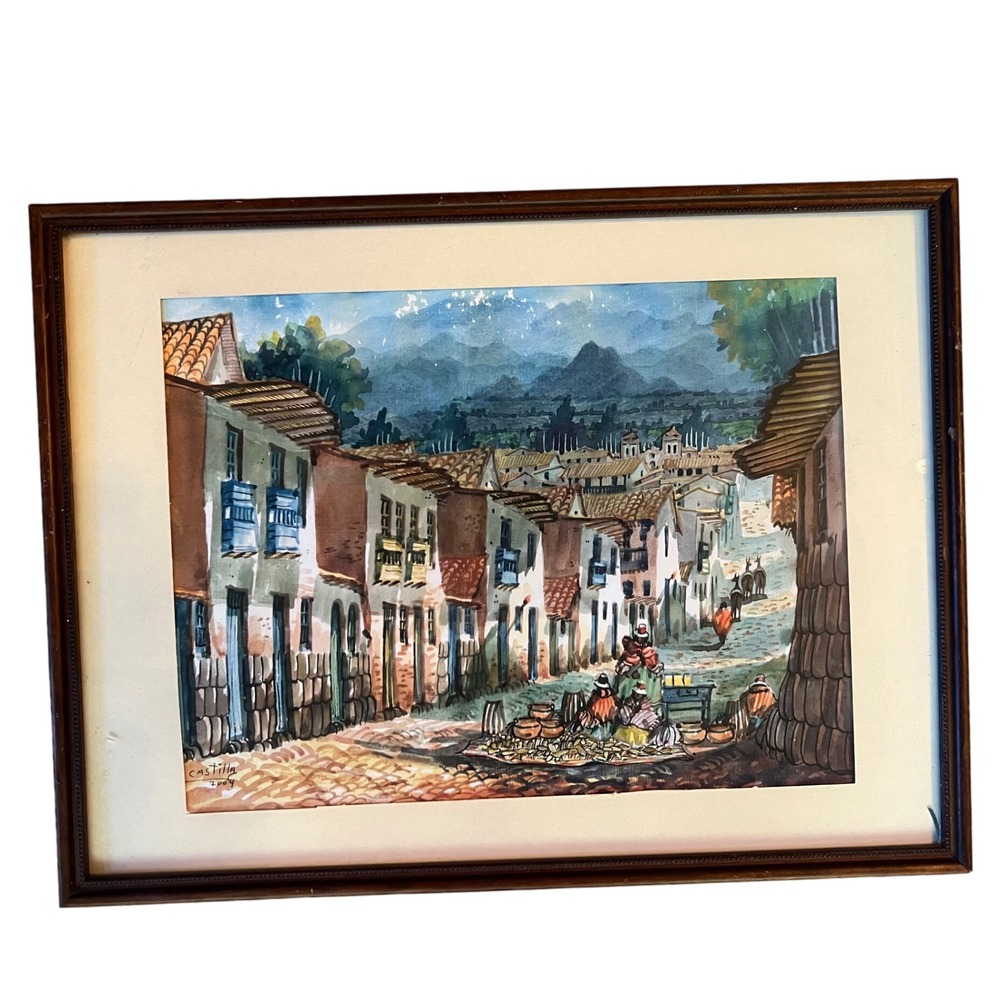 Castilla 2004 Signed Original Watercolor South American Village Street Scene Art